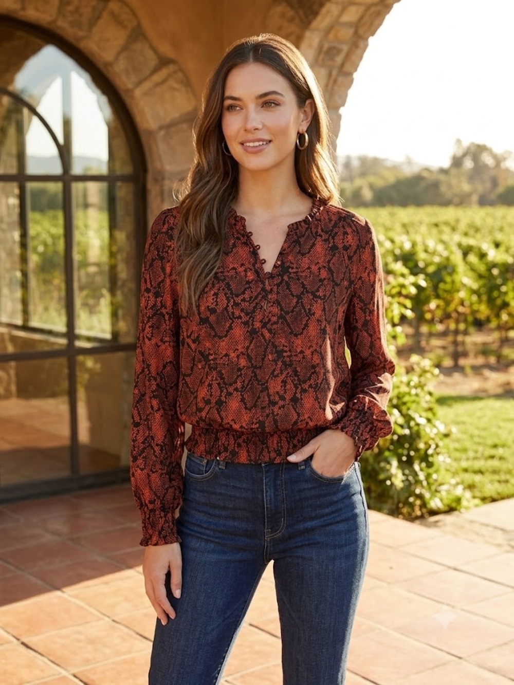 Jessica Simpson Mystic Snake Emery Blouse NWT Sz. Small Rust Orange Black Python